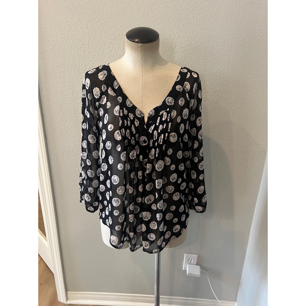 Lauren Conrad LC Women's XS Black Floral Print Sheer Blouse 3/4 Sleeve Boho